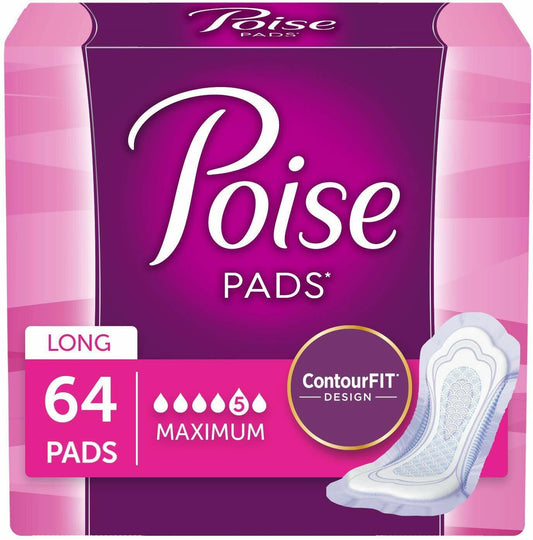 Poise Incontinence Pads For Women, Maximum Absorbency, Long Length, 64 Count