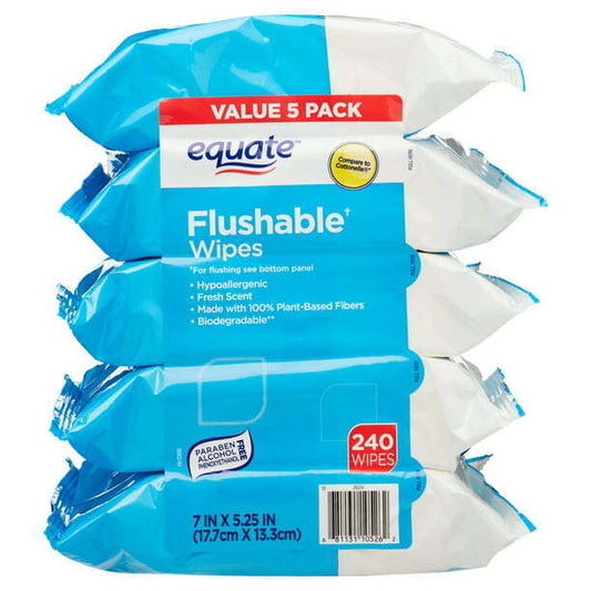 Equate Flushable Adult Wet Wipes Fresh Scent, 5 Packs, 48/pack, 240 Total