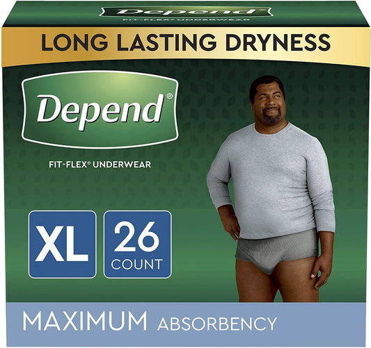 Depend Fit-Flex Underwear for Men Maximum Absorbency XL, Grey - 26 Diapers Ct