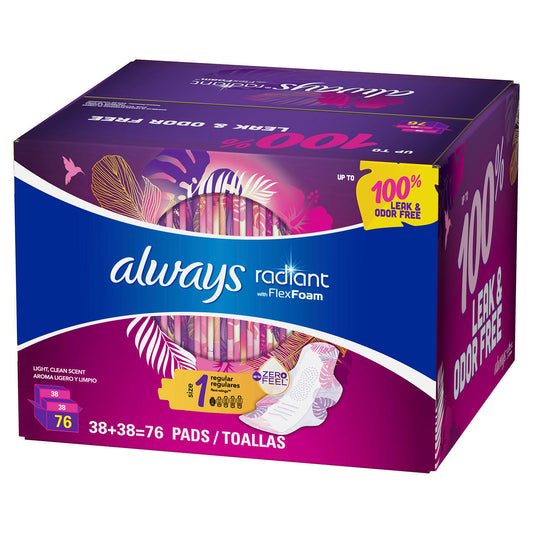 Always Radiant Pads, Size 1, Regular Absorbency, Scented, 76 Count (38 x 2)