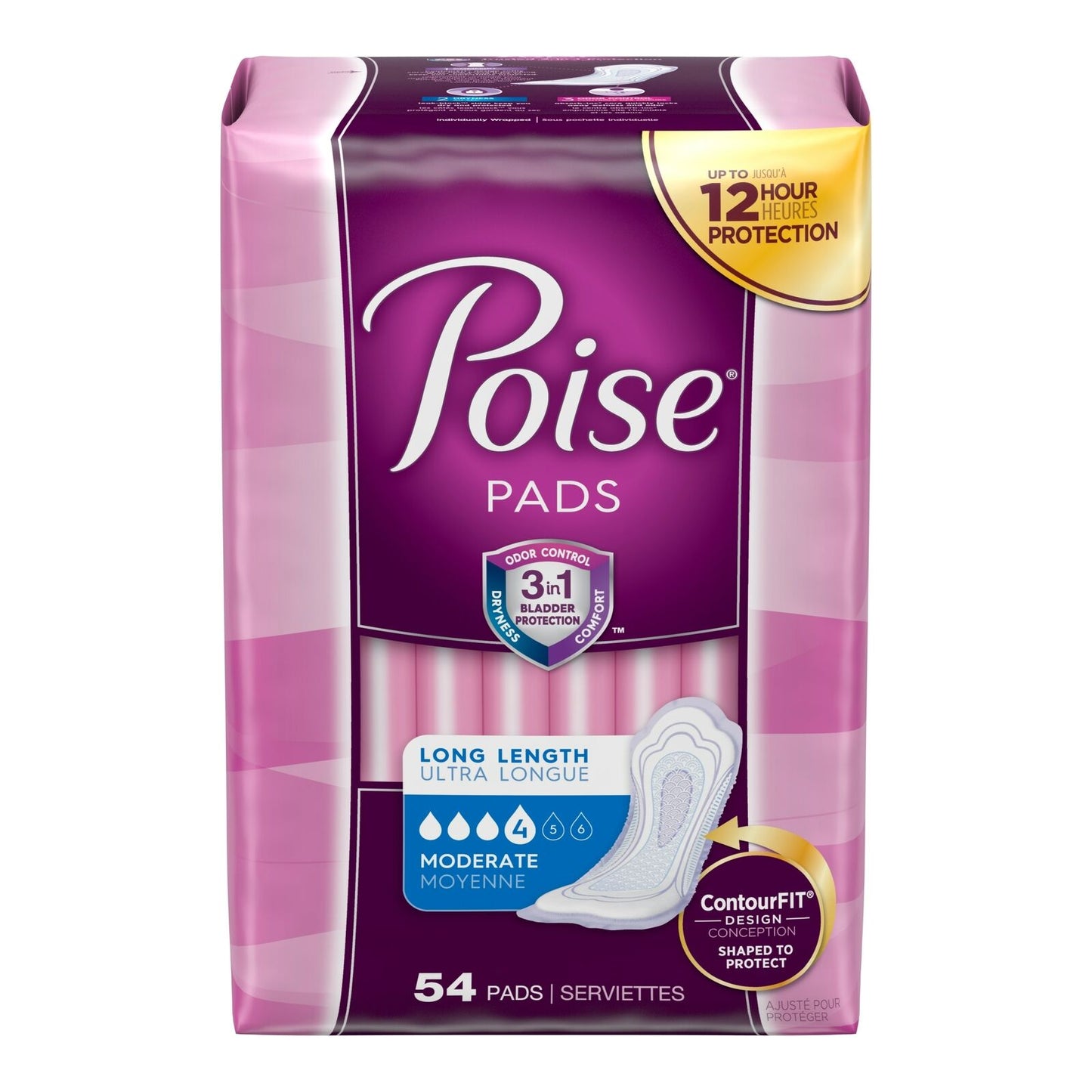Poise Incontinence Pads for Women, Moderate Absorbency, Long Length, 54 Count