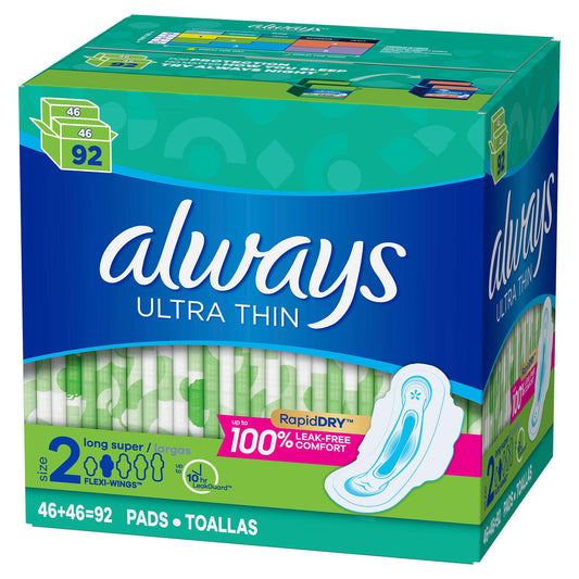Always Ultra Thin Pads Size 2 Super Long Absorbency Unscented with Wings 92 ct