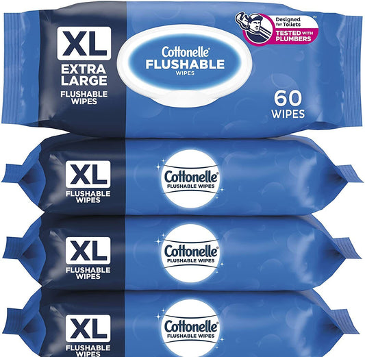 Cottonelle XL Extra Large Flushable Adult Wet Wipes 4 Packs 60/pack, 240 Total