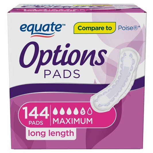 Equate Options Incontinence Bladder Control Pads, Maximum, Long, 144 Total
