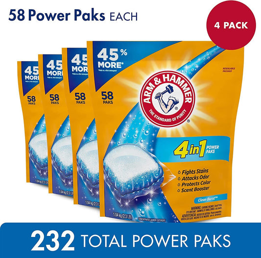 Arm & Hammer 4-in-1 Laundry Detergent Power Paks, Pods Clean Burst, 232 Count