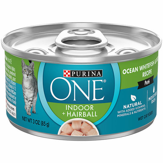 Purina ONE Indoor + Hairball Pate Wet Cat Food, Whitefish & Rice 3 oz, 12 Cans