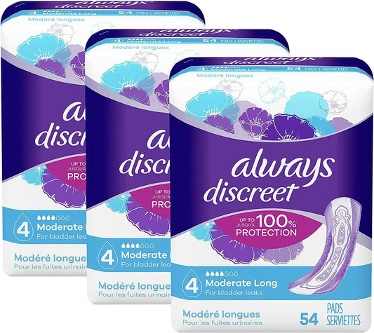 Always Discreet Incontinence Pads for Women Moderate Long 162 Ct (54 x 3)
