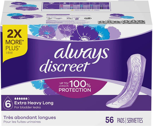 Always Discreet Incontinence Pads, Extra Heavy Absorbency, Long, 56 Count