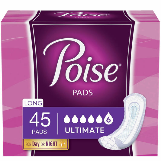 Poise Incontinence Pads For Women Ultimate Absorbency, Long Length, 45 Count