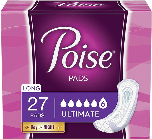 Poise Incontinence Pads For Women, Ultimate Absorbency, Long Length, 27 Count