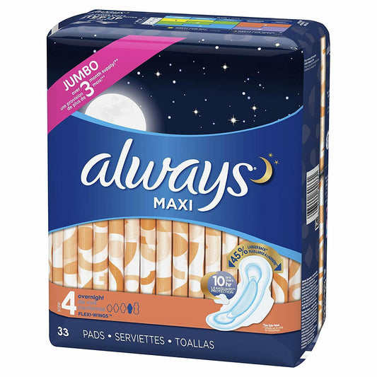 Always Maxi Overnight Pads Jumbo Pack With Flexi-Wings 33 Count, Size 4