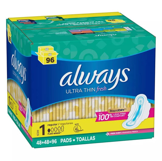 Always Ultra Thin Size 1 Regular Flow Pads With Wings, Fresh Scent 96 (48 x 2)