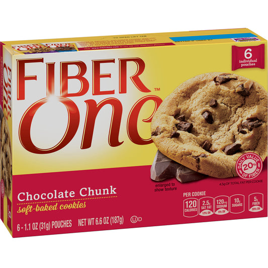 Fiber One Soft Baked Chocolate Chunk Cookies, 6 Pouches 6.6 oz Total ️️️