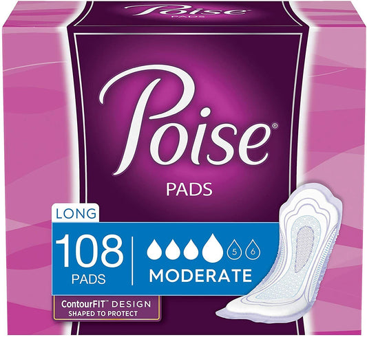 Poise Incontinence Pads for Women, Moderate, Long, 108 Count (2 Packs of 54)