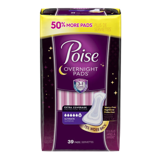 Poise Overnight Incontinence Pads For Women, Ultimate Absorbency, 39 Count,