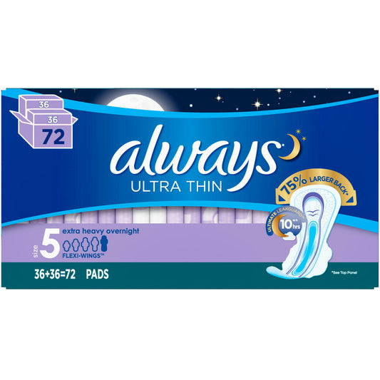 Always Ultra Thin, Size 5, Extra Heavy Overnight Pads & Wings, Unscented 72