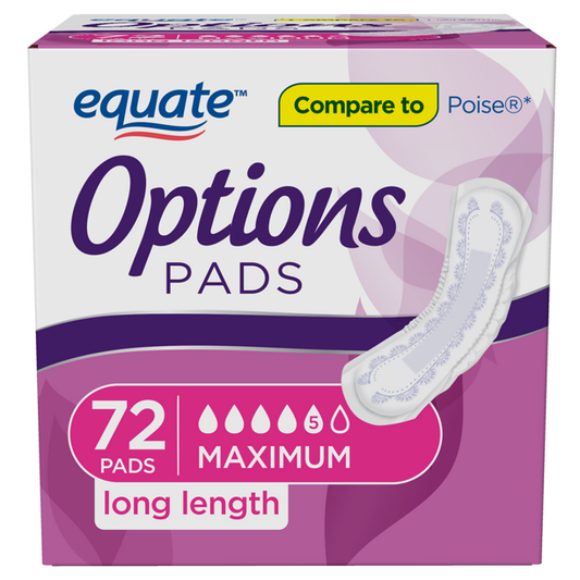 Equate Options Incontinence Bladder Control Pads, Maximum, Long, 72 Total