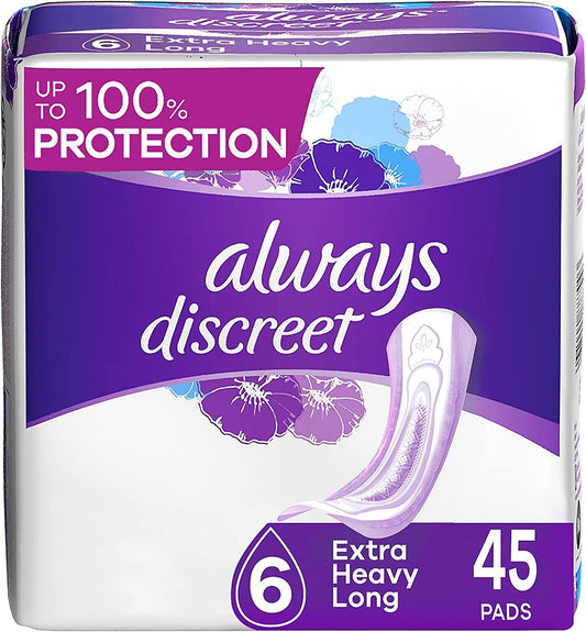 Always Discreet Incontinence Pads, Extra Heavy, Overnight, Long, 45 Count