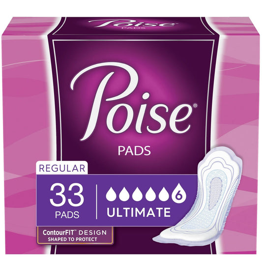 Poise Incontinence Pads For Women, Ultimate Absorbency, Regular Length, 33 Ct