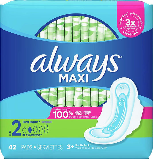 Always Maxi Pads Size 2, Long, Super Absorbency, with Wings, Unscented, 42 ct