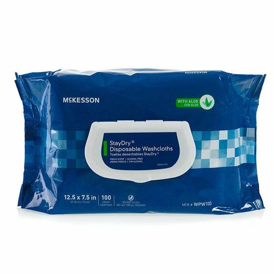 McKesson StayDry Disposable Washcloths Personal Adult Wipes with Aloe 7.5" x 12.5"