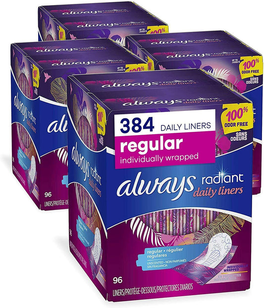 Always Radiant Pads Panty Liners Regular Unscented 384 Count, 4 Packs of 96