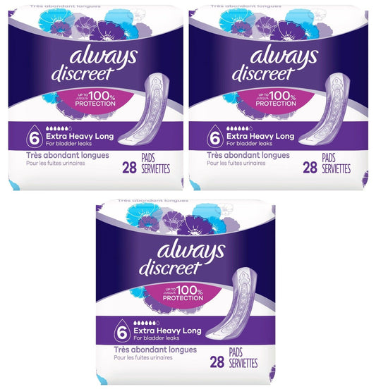 Always Discreet Incontinence Pads, Extra Heavy Absorbency, Long 84 Ct (28 x 3)