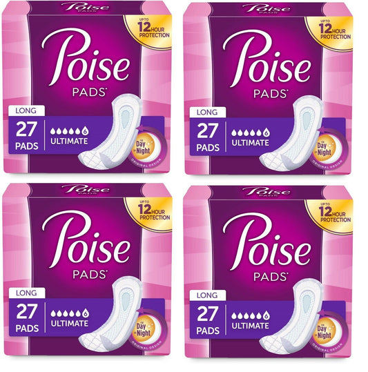 Poise Incontinence Pads, Ultimate Absorbency, Long, 108 Count (4 Packs of 27) ️