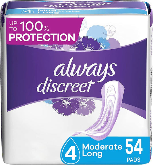 Always Discreet Incontinence Pads for Women Moderate Absorbency Long 54 Ct
