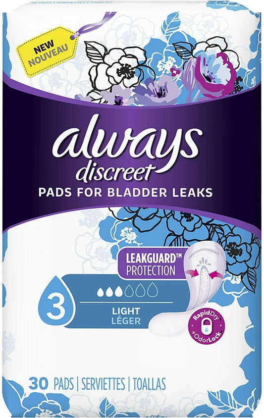 Always Discreet Women's Incontinence Pads Light Absorbency, 30 Count