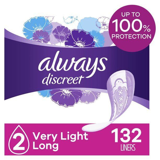 Always Discreet Women's Incontinence Liners Very Light, Long 44 x 3 = 132 ct