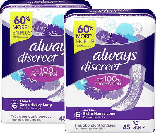 Always Discreet Incontinence Pads, Extra Heavy, Overnight, Long, 90 Count