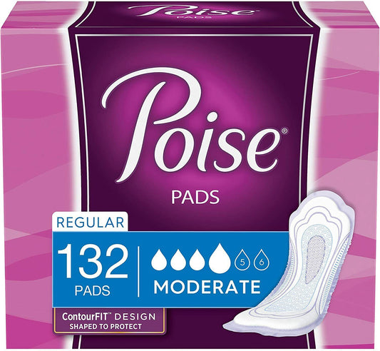 Poise Incontinence Pads for Women, Moderate, Regular, 132 Ct (2 Packs of 66)