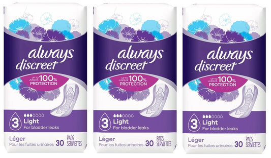 Always Discreet Incontinence & Postpartum Pads for Women, 90 ct, Light (30x3)