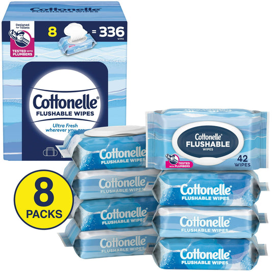 Cottonelle FreshFeel Flushable Adult Wet Wipes, 8 Packs, 42/pack, 336 Total
