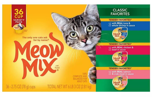 Meow Mix Classic Tender Favorites Cat Food Variety Pack, 2.75 oz 36 Cups