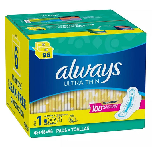 Always Ultra Thin, Size 1 Regular Flow Pads With Wings, Unscented 96 (48 x 2)