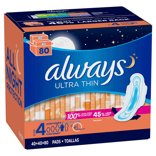 Always Ultra Thin, Size 4 Overnight Pads With Wings, Unscented 80 (40 x 2)