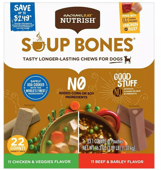 Rachael Ray Nutrish Soup Bone Dog Treat Variety Pack, Beef & Chicken 22 ct