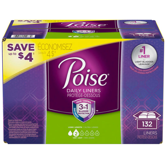 Poise Very Light Incontinence Pads Liners Size 2, Long Length 132 ct