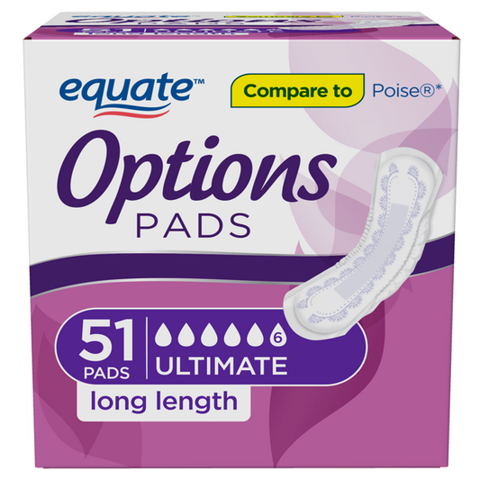 Equate Incontinence Pads for Women, Ultimate, Long, 51 Ct, Compare To Poise