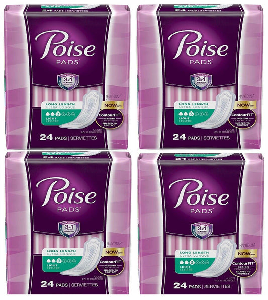 Poise Incontinence Pads, Liners, Light Absorbency, Long, 96 ct (4 x 24 PACKS)