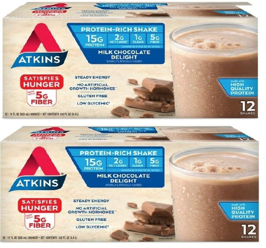 Atkins Low Carb Shake, Milk Chocolate Delight (2 x 12) = 24 ct, Keto, Paleo