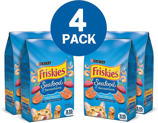 Purina Friskies Seafood Sensations Adult Dry Cat Food Salmon, 4 Bags of 3.15lb