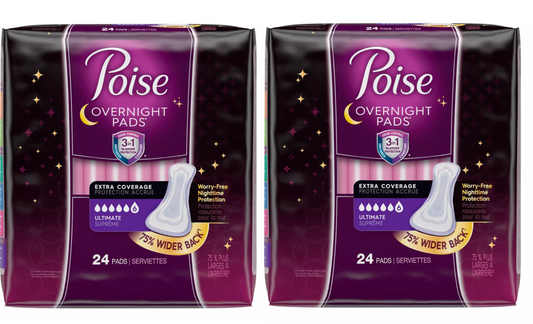 Poise Overnight Incontinence Pads Ultimate Absorbency 2 Packs x 24 ct = 48 ct