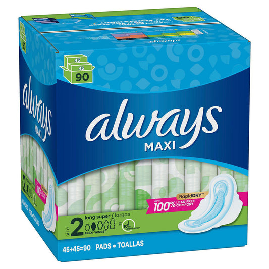 Always Maxi Pads Size 2, Long, Super Absorbency, with Wings, Unscented, 90 ct