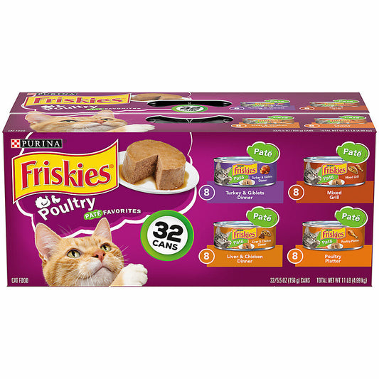 Friskies Wet Cat Food - Poultry Pate Favorites Variety Pack, 5.5 oz, 32 Cans