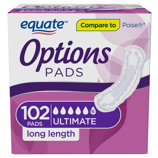 Equate Incontinence Pads for Women, Ultimate, Long, Poise, Depend Alt 102 Ct