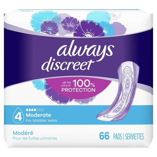 Always Discreet Incontinence Pads Moderate Absorbency, Regular Length 66 ct