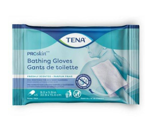TENA ProSkin Bathing Glove Wipes, Non-Woven, Water/PEG-8/Dimethicone, Rinse-Free, Scented, 5.9 Inches X 9 Inches, Non-Sterile